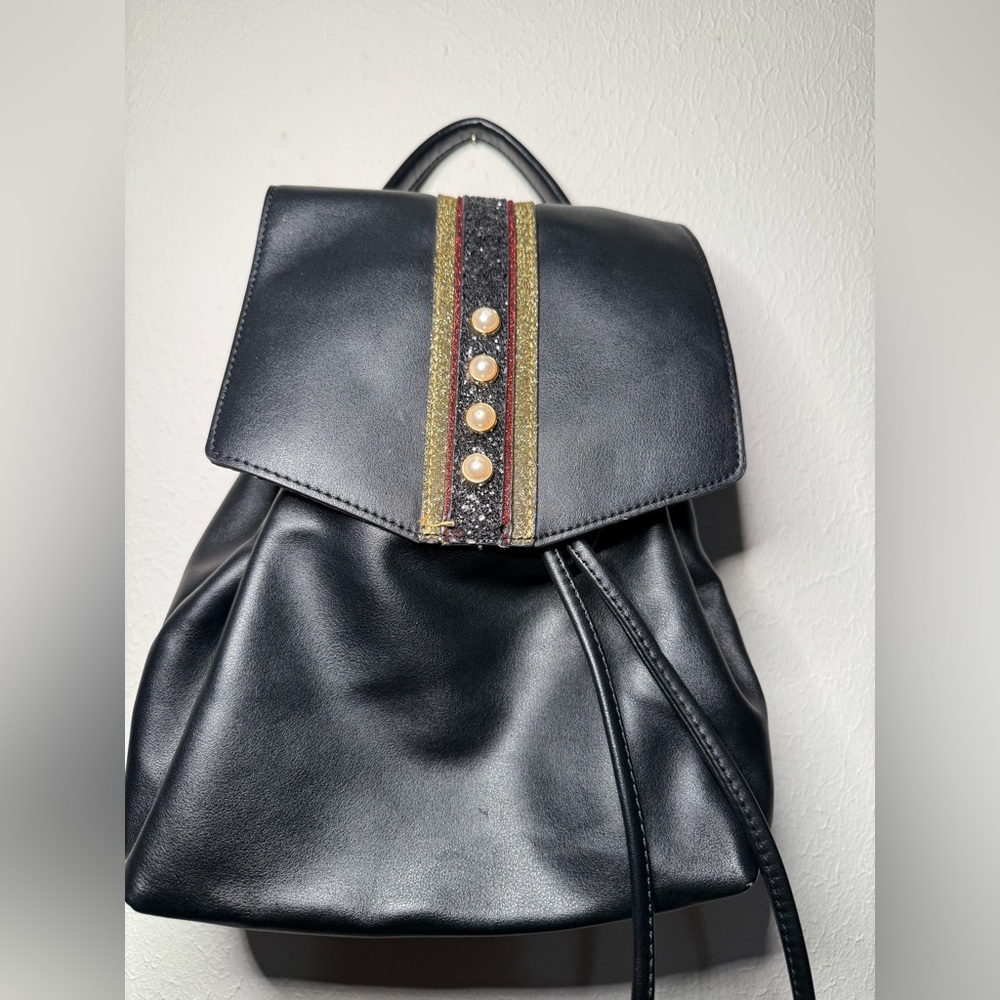 Aldo Black Backpack with Gold and Pearl Details